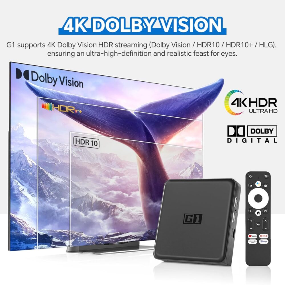 Android TV 11.0 TV Box, G1 Smart TV Box Compatible with Netflix Google, 4GB + 32GB Streaming Box, 4K 60fps HDR 10+, Google Assistant,Dolby Vision&Audio,AV1, Wi-Fi 6, BT 5.0 Amlogic S905X4 - Image 5