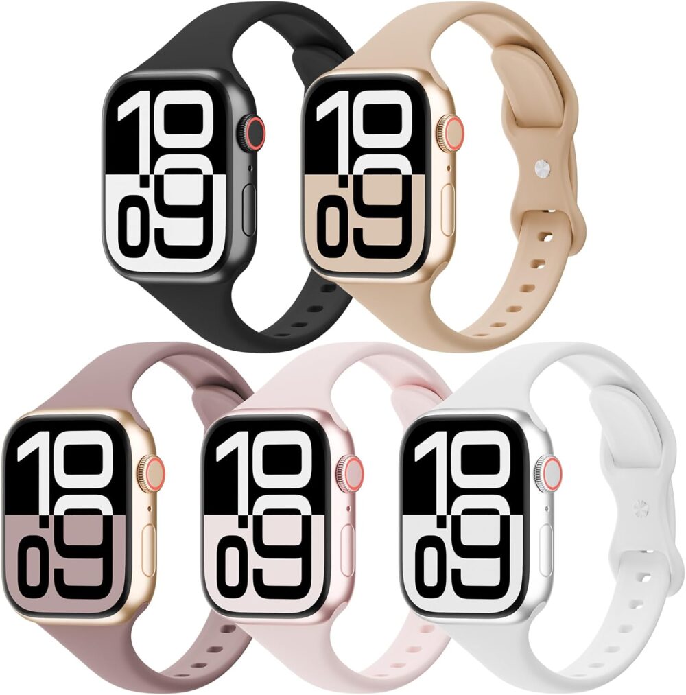 5 Pack Silicone Slim Bands Compatible with Apple Watch Band 38mm 42mm 40mm 44mm 41mm 45mm 46mm 49mm, Soft Narrow Sport Strap Thin Wristband for iWatch Series 10/9/8/7/SE/6/5/4/3/2/1/Ultra Women Men - Image 2
