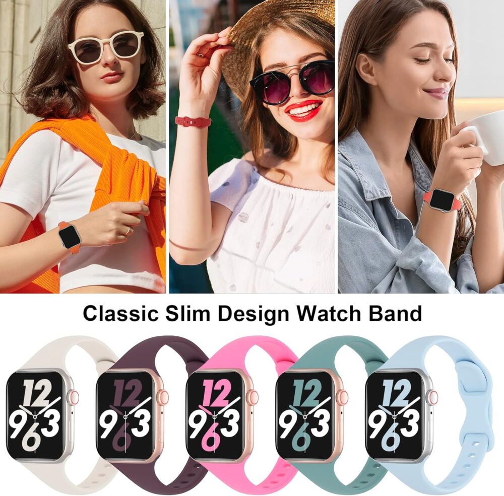 5 Pack Silicone Slim Bands Compatible with Apple Watch Band 38mm 42mm 40mm 44mm 41mm 45mm 46mm 49mm, Soft Narrow Sport Strap Thin Wristband for iWatch Series 10/9/8/7/SE/6/5/4/3/2/1/Ultra Women Men - Image 5