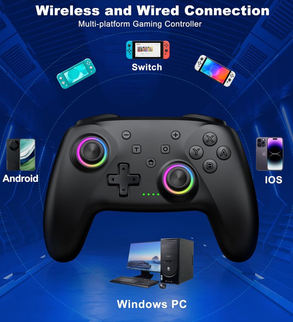 PC Controller, Wireless Bluetooth Controller, 1000mAh Battery, with Hall Effect Joysticks & Triggers, No Dead Zone, No Stick Drift, Controller for PC, Switch, iOS and Android, Cool Dynamic Light - Image 3