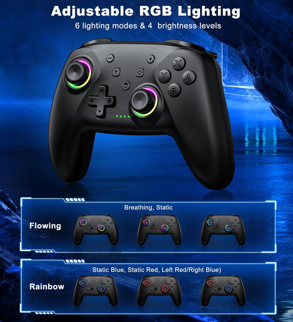 PC Controller, Wireless Bluetooth Controller, 1000mAh Battery, with Hall Effect Joysticks & Triggers, No Dead Zone, No Stick Drift, Controller for PC, Switch, iOS and Android, Cool Dynamic Light - Image 5