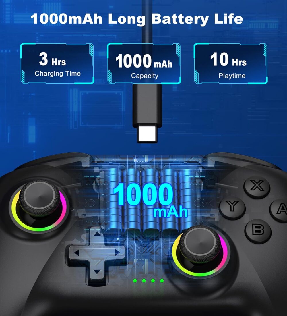 PC Controller, Wireless Bluetooth Controller, 1000mAh Battery, with Hall Effect Joysticks & Triggers, No Dead Zone, No Stick Drift, Controller for PC, Switch, iOS and Android, Cool Dynamic Light - Image 7