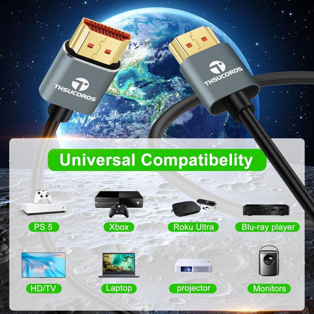 Ultra Thin 8K 4K HDMI Cables 15FT 2 Pack, Slim & Flexible Soft High Speed HDMI 2.1 Cord Support 4K@120Hz 8K@60Hz48Gbps Compatible with Roku TV/HDTV/PS5/Blu-ray - Image 4