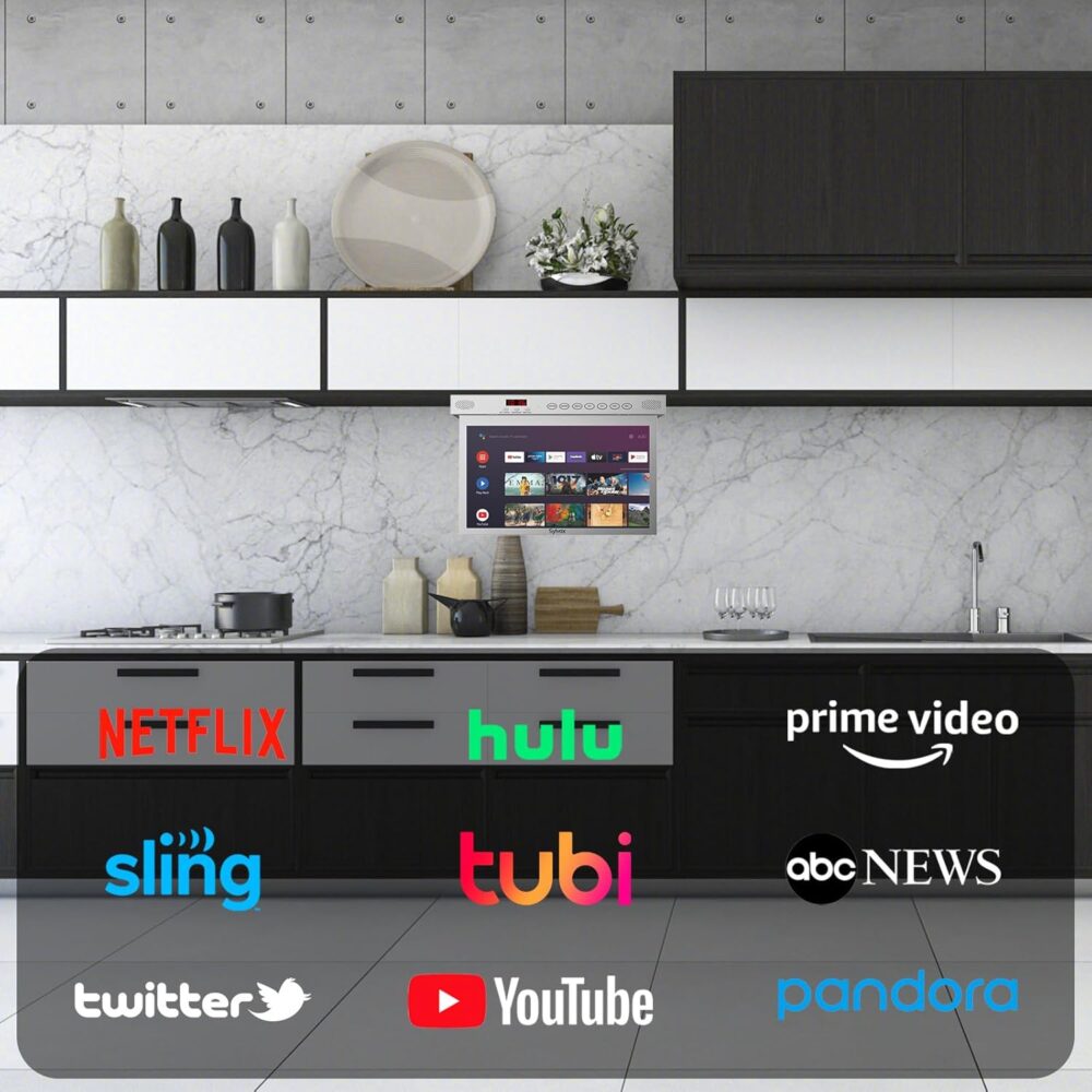 SYLVOX 15.6" Flip Down Smart TV Under Cabinet Kitchen TV Android 11.0 Supports 360 Degree Rotation WiFi & Wireless Connection, Storage Design for Kitchen Bedroom RV Yacht (Silver),Black - Image 6