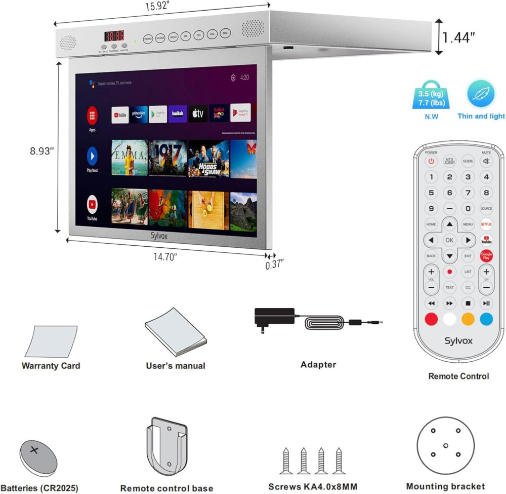 SYLVOX 15.6" Flip Down Smart TV Under Cabinet Kitchen TV Android 11.0 Supports 360 Degree Rotation WiFi & Wireless Connection, Storage Design for Kitchen Bedroom RV Yacht (Silver),Black - Image 7