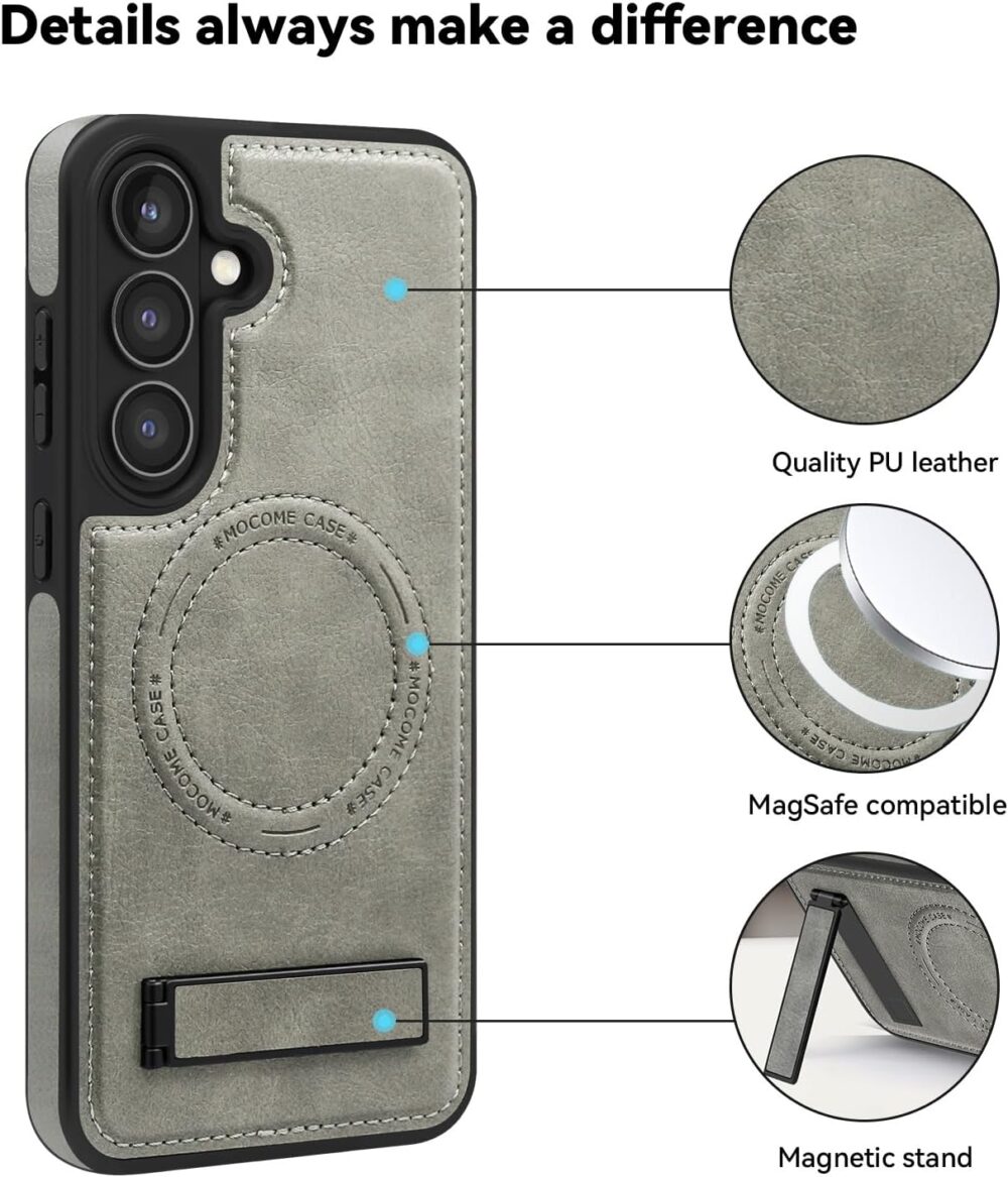 for Samsung Galaxy S24 FE Case Leather [Compatible with Magsafe Wireless Charging] Magnetic Cover Stand Funda para S24 FE 6.7 '' 5G 2024 Rugged Best Phone Cases Gray - Image 4