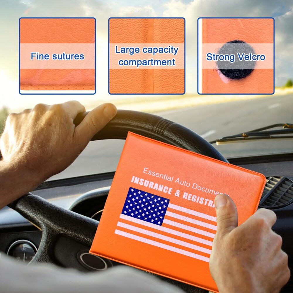 Ziciner Car Registration Insurance Holder, 2Pack Essential Auto PVC Card Document Glove Box Organizer with Velcro Closure, Universal Car Accessories for Men & Women (Orange/Blue Flag) - Image 4