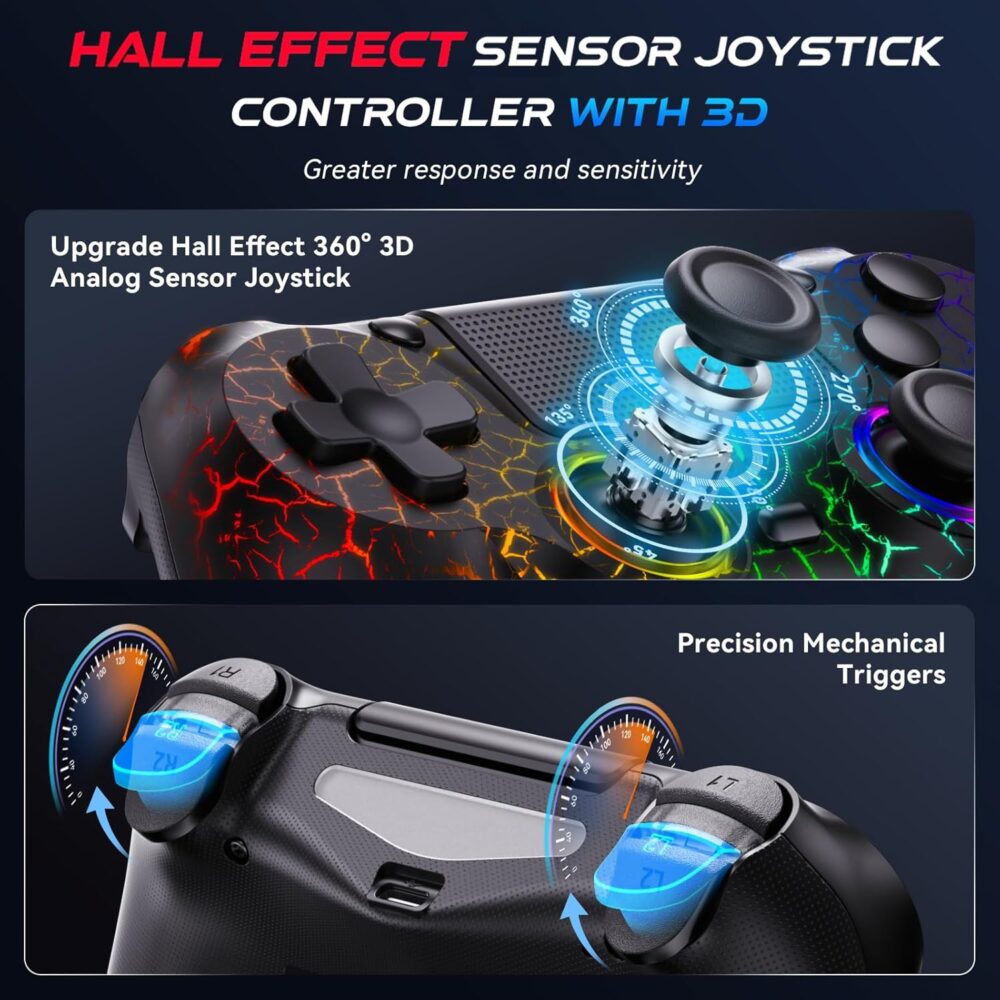 GamingBoy Light-up Wireless Controller for PS4/PC, 2 Pack Black Crack Design Remote Control for Ps4 with RGB Light,Hall Effect Joystick,1000mAh Battery,Vibration,6-Axis Sensor,Audio Jack,Type-C Port - Image 4