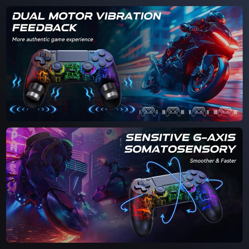 GamingBoy Light-up Wireless Controller for PS4/PC, 2 Pack Black Crack Design Remote Control for Ps4 with RGB Light,Hall Effect Joystick,1000mAh Battery,Vibration,6-Axis Sensor,Audio Jack,Type-C Port - Image 5