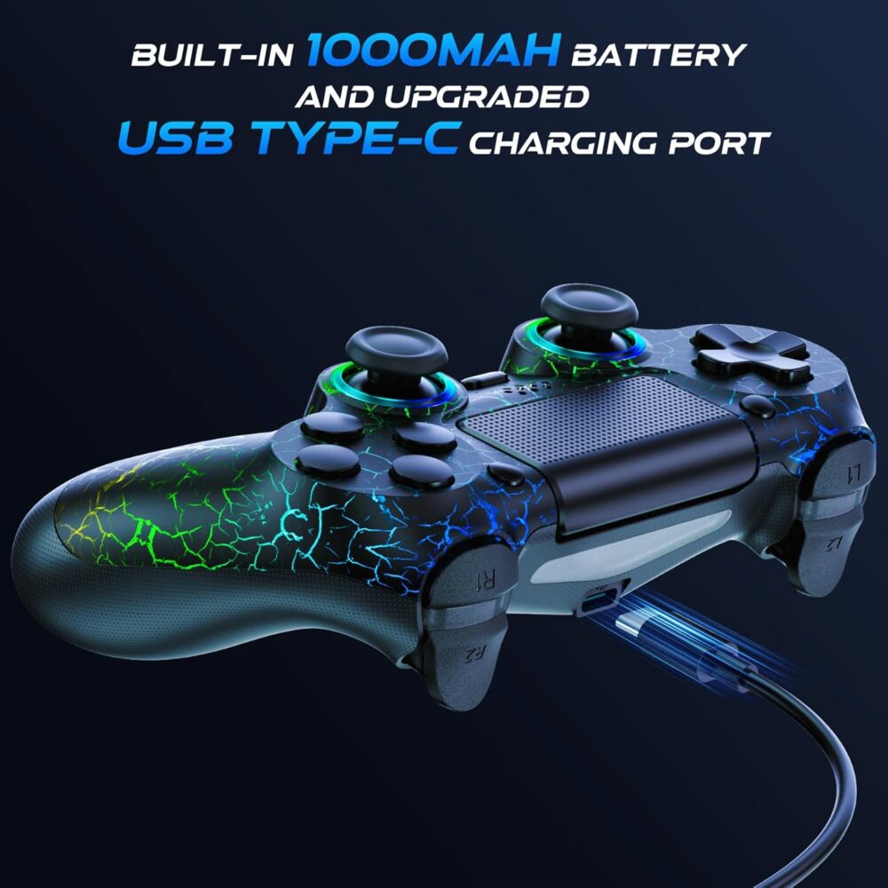 GamingBoy Light-up Wireless Controller for PS4/PC, 2 Pack Black Crack Design Remote Control for Ps4 with RGB Light,Hall Effect Joystick,1000mAh Battery,Vibration,6-Axis Sensor,Audio Jack,Type-C Port - Image 6