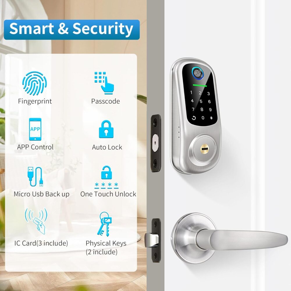 Smart Locks for Front Door, Fingerprint Keyless Entry, App Control Biometric Door Lock Set, Electronic Digital Touchscreen Keypad Deadbolt, Easy Install, Auto Lock, Satin Nickel - Image 3