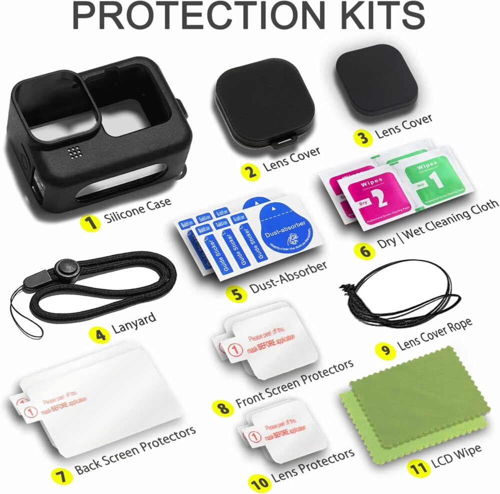 Accessories Kit for Go Pro Hero 12/Hero 11/Hero 10/Hero 9 Black,2-Pack(6pcs) Screen Protector Silicone Sleeve Protective Case with Lens Cover Cap Lanyard for Hero 12/11/10/9 Black Action Camera - Image 7