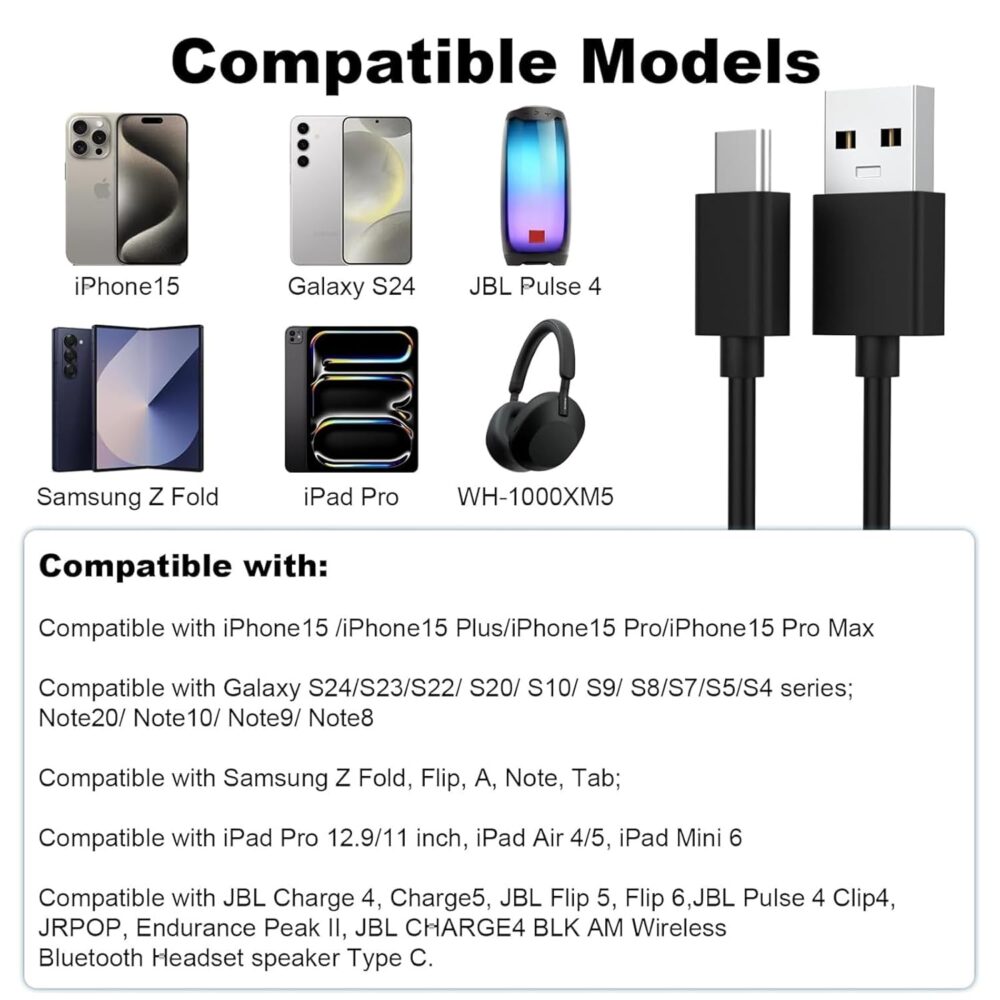 USB Type C Charging Cable Cord Compatible with Razer BlackWidow V3 Pro, Deathstalker V2 Pro, Ducky One 2 SF, One 2 Mini Pro Mechanical Keyboard, iPhone, ipad, Sony WH-1000XM5, Nebo Flashlight(6.6FT) - Image 3