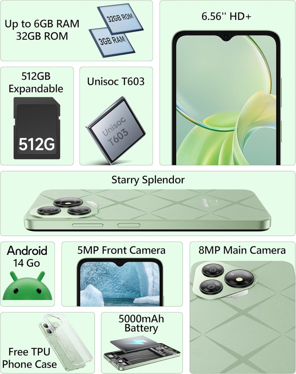 Ulefone Note 19 Phone Unlocked, 6.56 inch HD+ Display, Android 14 Go, Octa-Core 6GB+32GB, 5000mAh Battery, 3-Card Slots, Dual 4G LTE, 8MP+5MP Camera, GPS/Face Recognition - Green - Image 3