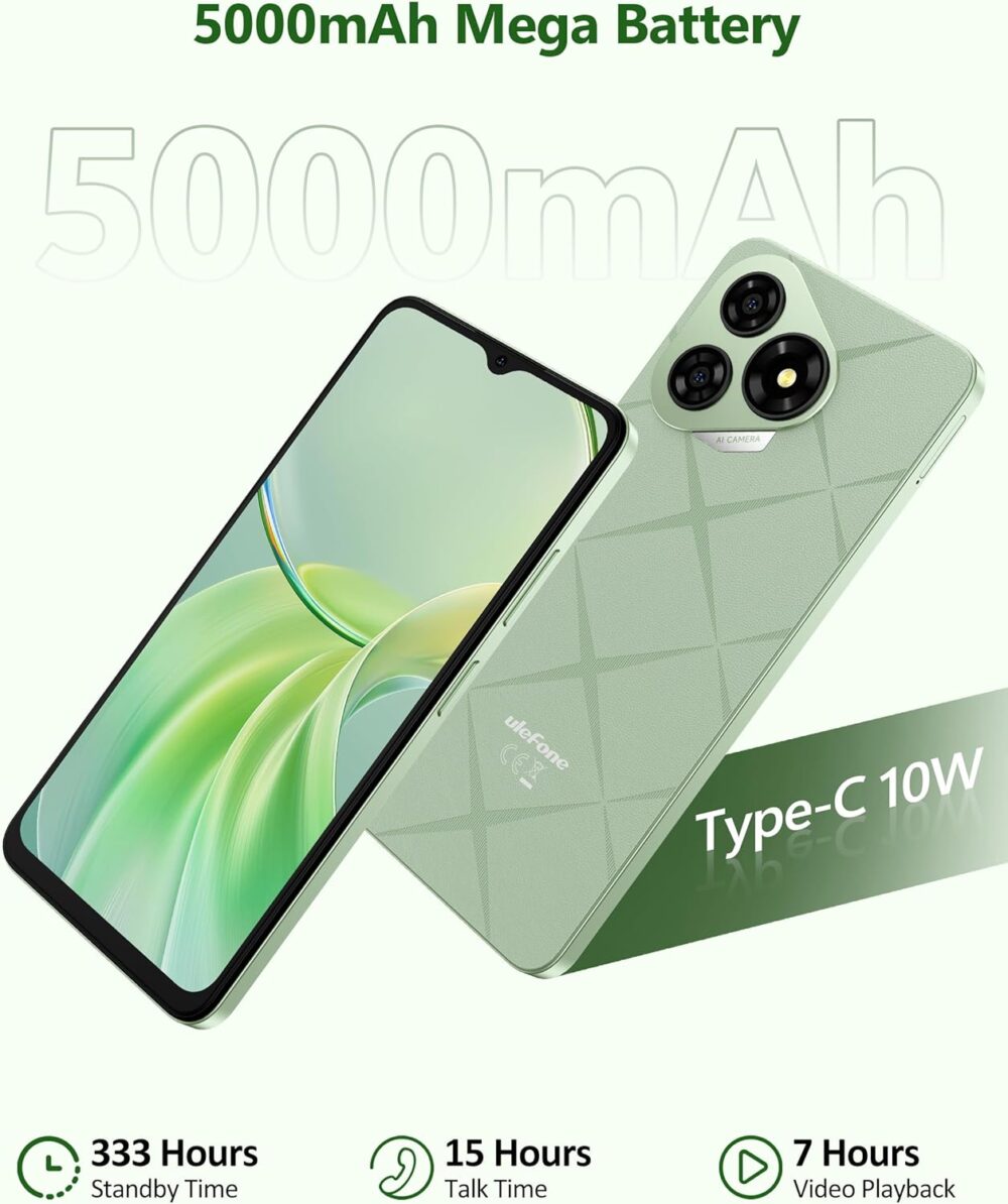 Ulefone Note 19 Phone Unlocked, 6.56 inch HD+ Display, Android 14 Go, Octa-Core 6GB+32GB, 5000mAh Battery, 3-Card Slots, Dual 4G LTE, 8MP+5MP Camera, GPS/Face Recognition - Green - Image 6