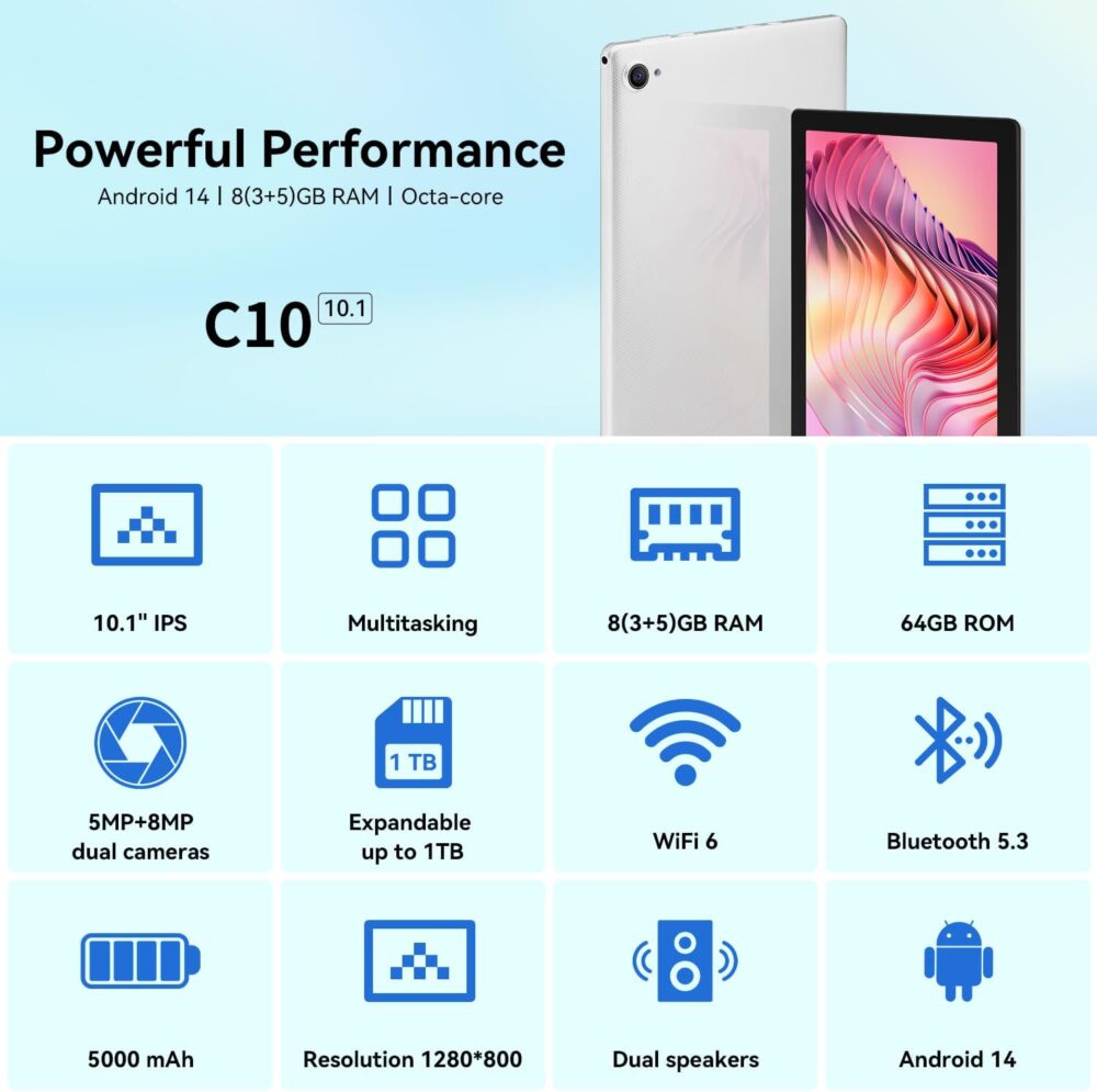 CZZ Tablet Android 14 Tablet 10.1 inch Tablet Octa-Core 8(3+5) GB RAM+64GB ROM(TF 1TB Expansion) WiFi6+Bluetooth 5.3 Dual Camera+Dual Speaker Type-C Charging+Manual (White) - Image 3