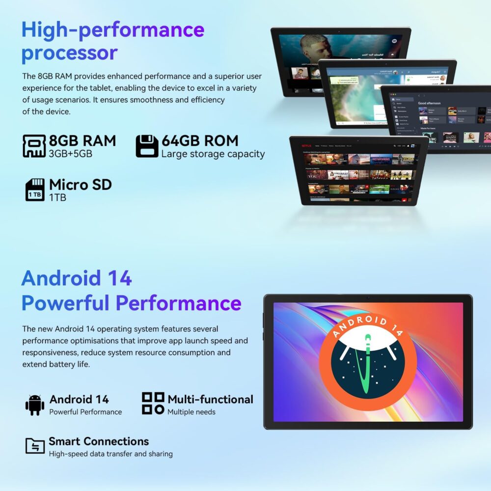 CZZ Tablet Android 14 Tablet 10.1 inch Tablet Octa-Core 8(3+5) GB RAM+64GB ROM(TF 1TB Expansion) WiFi6+Bluetooth 5.3 Dual Camera+Dual Speaker Type-C Charging+Manual (White) - Image 4