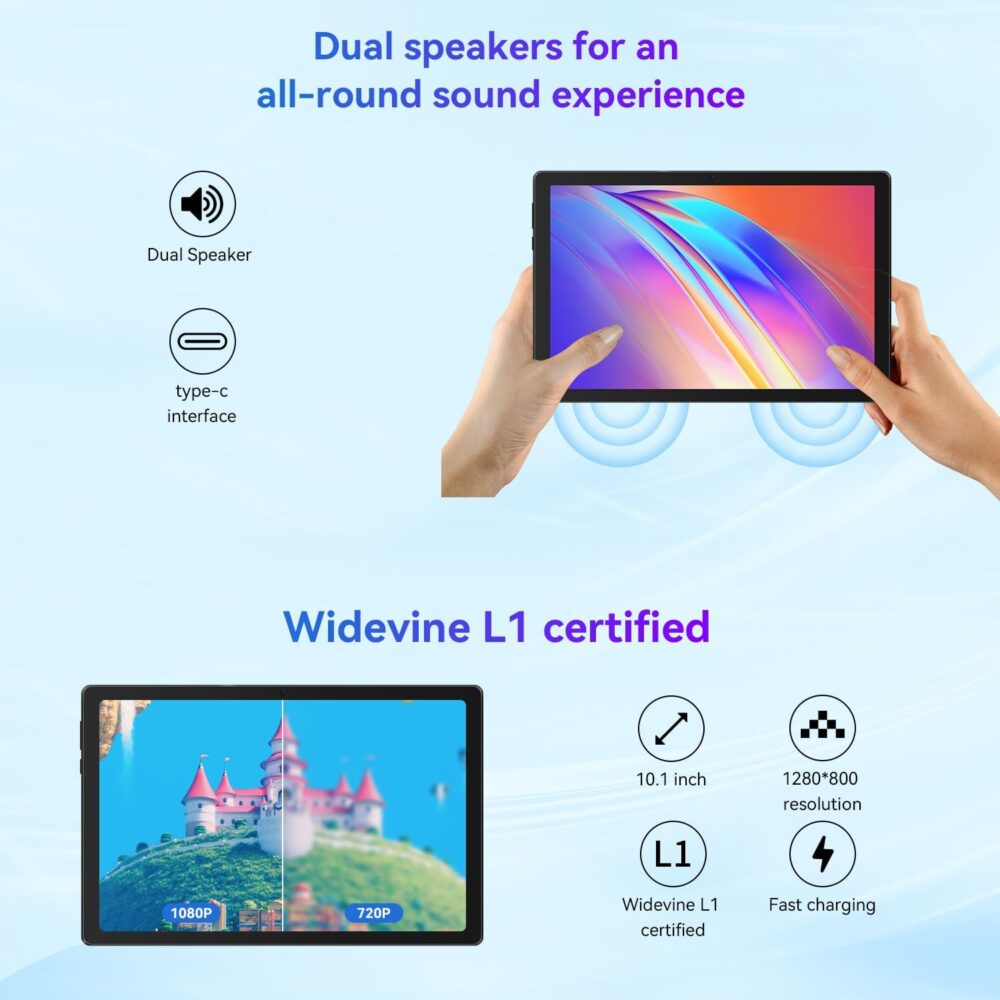 CZZ Tablet Android 14 Tablet 10.1 inch Tablet Octa-Core 8(3+5) GB RAM+64GB ROM(TF 1TB Expansion) WiFi6+Bluetooth 5.3 Dual Camera+Dual Speaker Type-C Charging+Manual (White) - Image 5