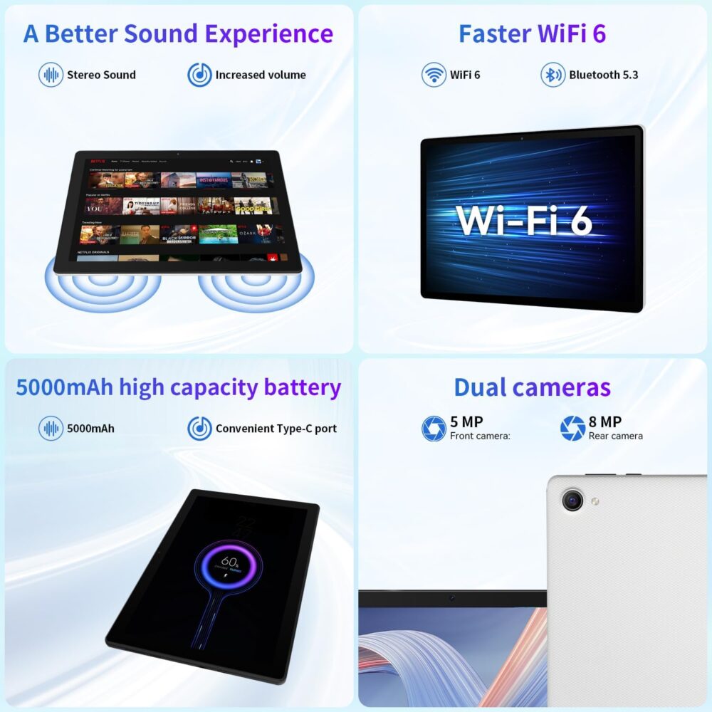 CZZ Tablet Android 14 Tablet 10.1 inch Tablet Octa-Core 8(3+5) GB RAM+64GB ROM(TF 1TB Expansion) WiFi6+Bluetooth 5.3 Dual Camera+Dual Speaker Type-C Charging+Manual (White) - Image 7