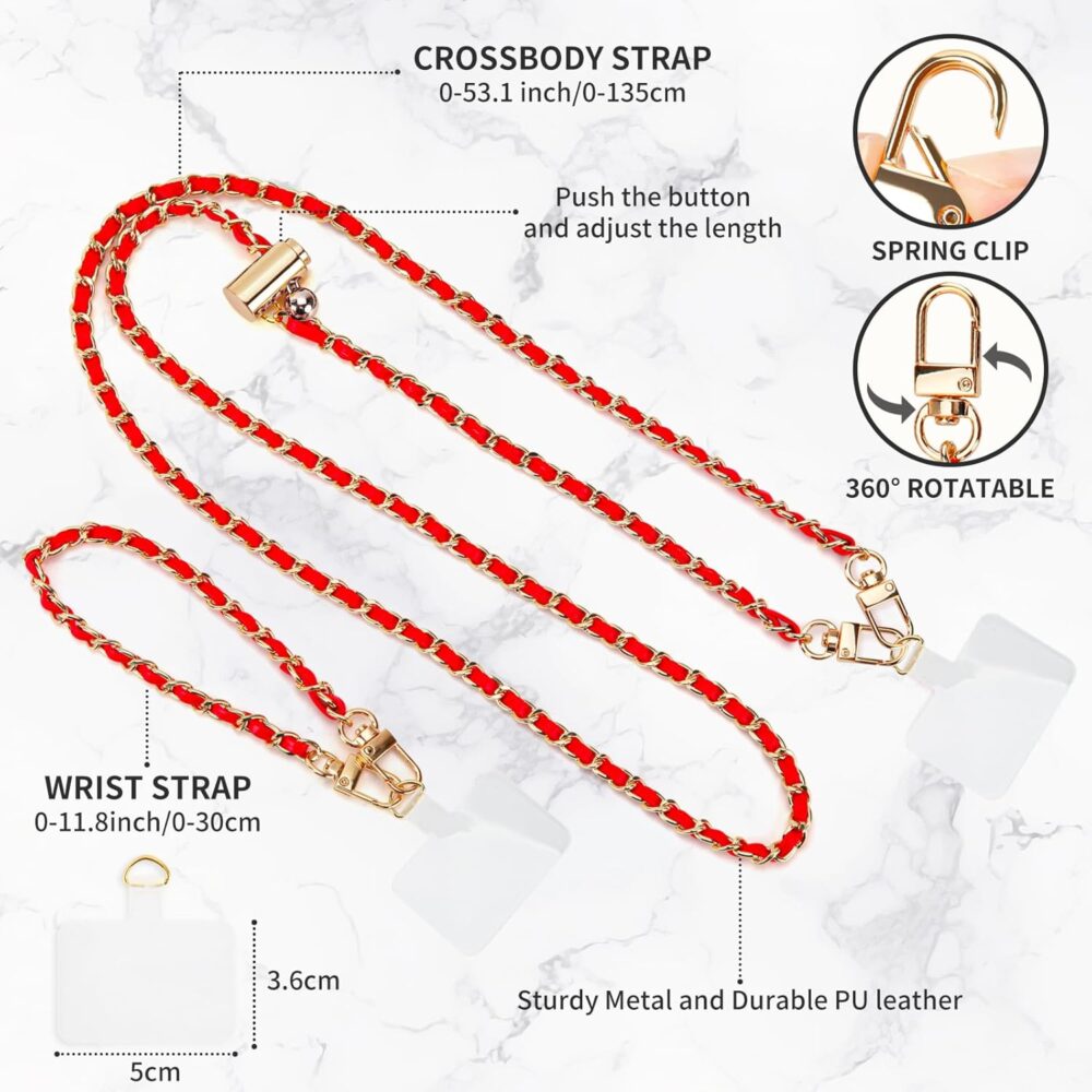 Phone Lanyard with Wrist Strap Universal Phone Crossbody Chain Adjustable Cell Phone Strap Fashion Phone Wrist Lanyard Compatible with Most Smartphones for Women Girls (Red) - Image 3