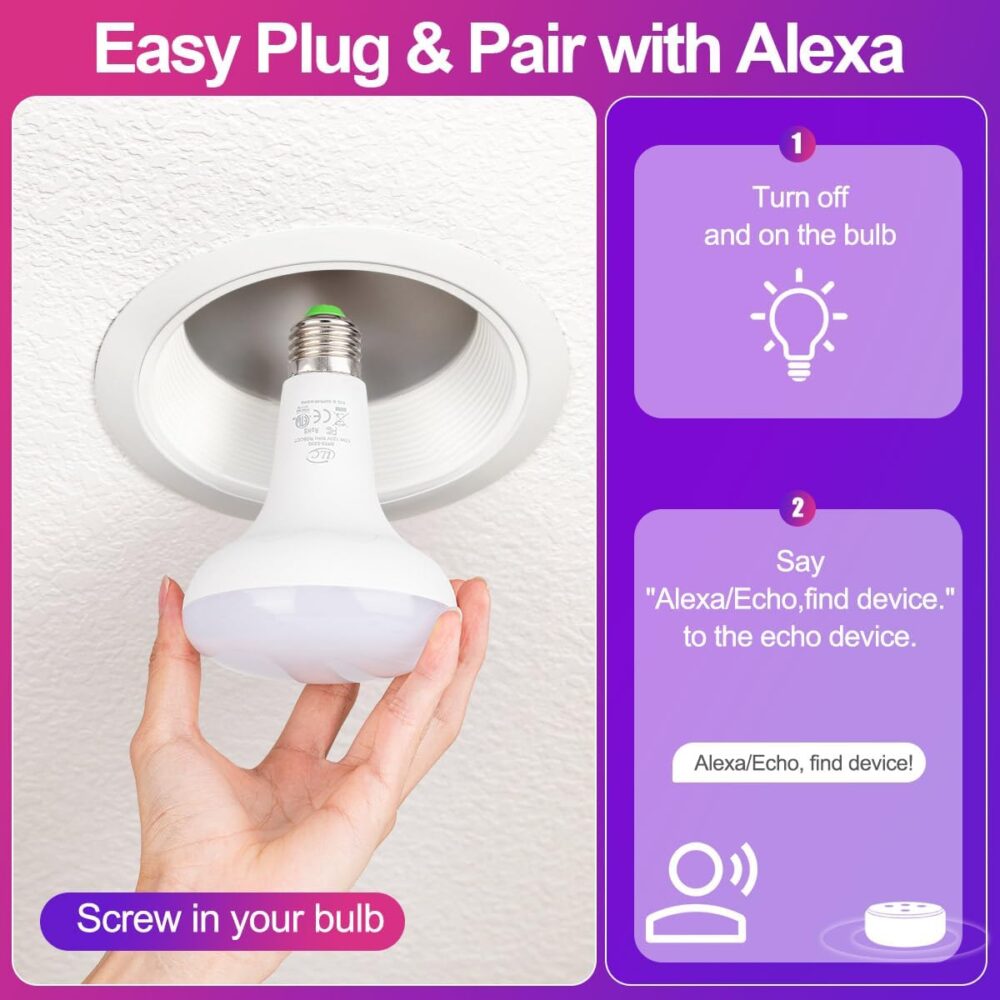 ILC BR30 Led Bulb, Flood Light Bulbs, Work with Alexa, Echo Hub Required, Equivalent to 70W Color Changing, Turnable 2700K-6000K Indoor(6 Packs) - Image 8