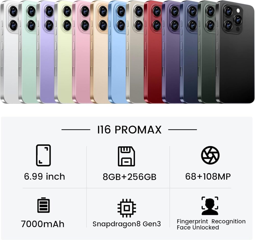 I16 PROMAX Unlocked Phone,6.99" HD Screen The Phone,8+256GB with 128GB Memory Card Cell Phone, Android 13.0,108MP & 68 Camera,Photo Shortcut button/5G/Face ID/Fingerprint Lock (Gold) - Image 4