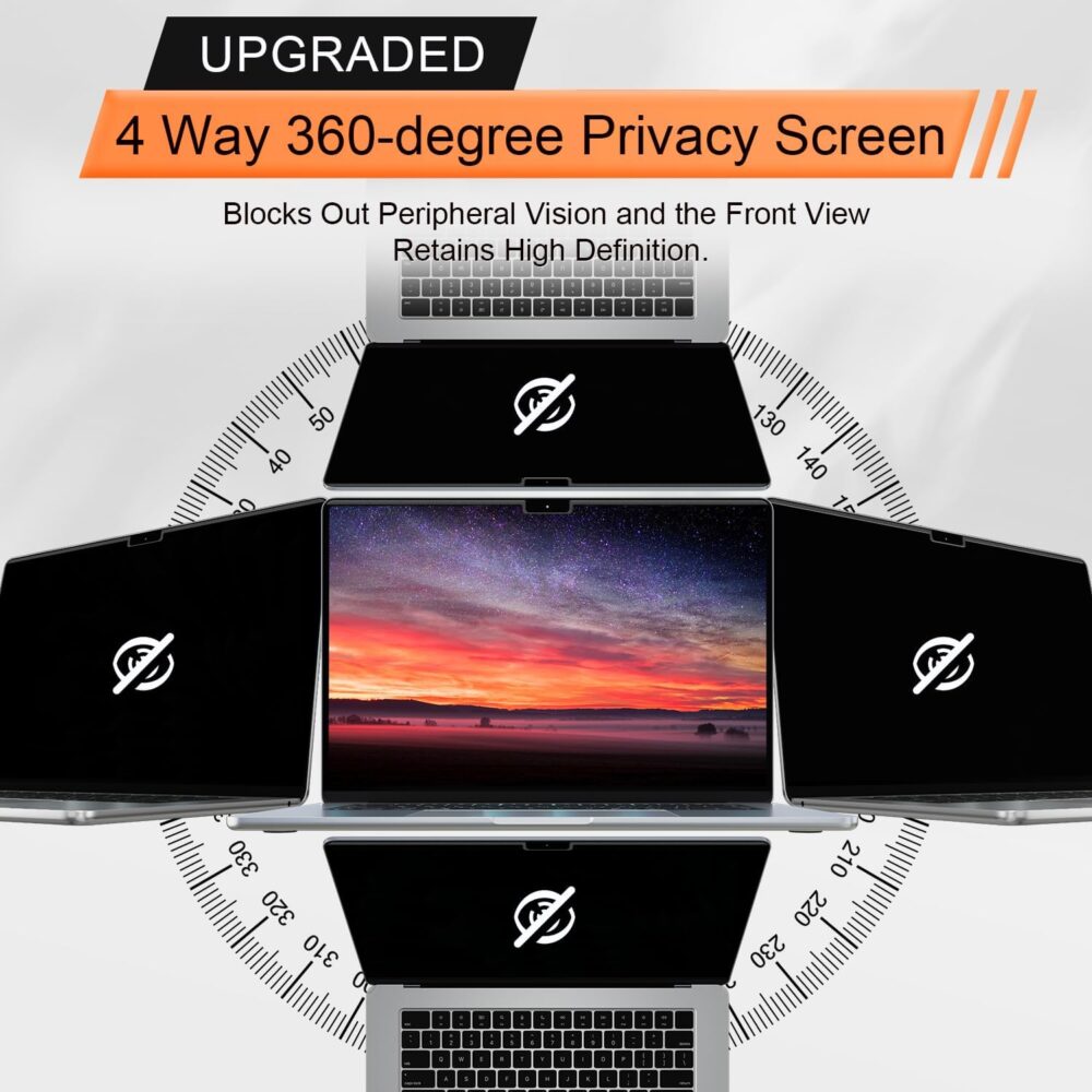 360° Magnetic Privacy Screen for MacBook Air 13.6 & 13 Inch 2022-2025 (M2, M3, M4), Removable Anti Glare Blue Light Filter, 4 Way Anti Spy Black Protector for Mac Air 13In Laptop Computer - Image 3