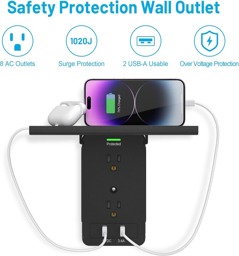 Socket Wall Shelf-CFMASTER 10 Port Surge Protector Wall Outlet, 8 Electrical Outlet Extenders and 2 USB Ports 2.4A, with Removable Built-In Shelf, FCC Listed (2, Black) - Image 3
