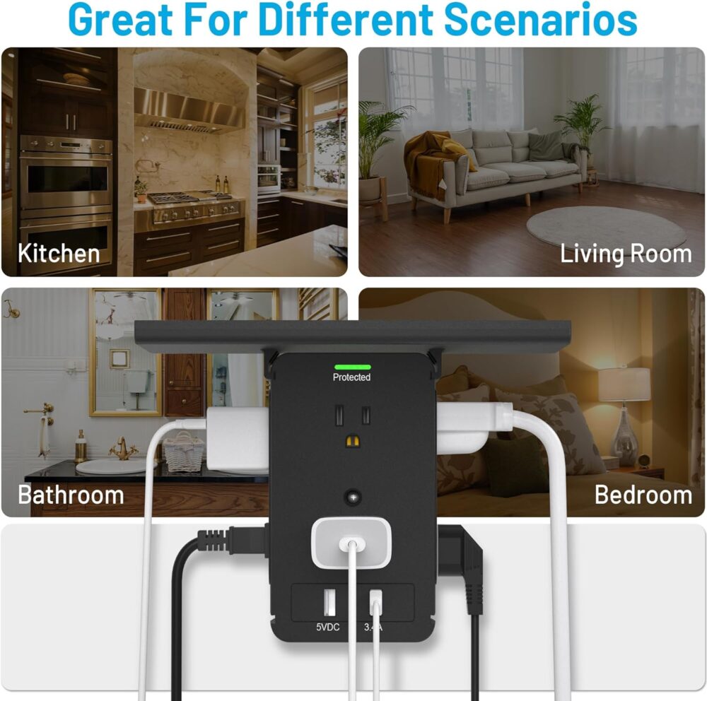 Socket Wall Shelf-CFMASTER 10 Port Surge Protector Wall Outlet, 8 Electrical Outlet Extenders and 2 USB Ports 2.4A, with Removable Built-In Shelf, FCC Listed (2, Black) - Image 6