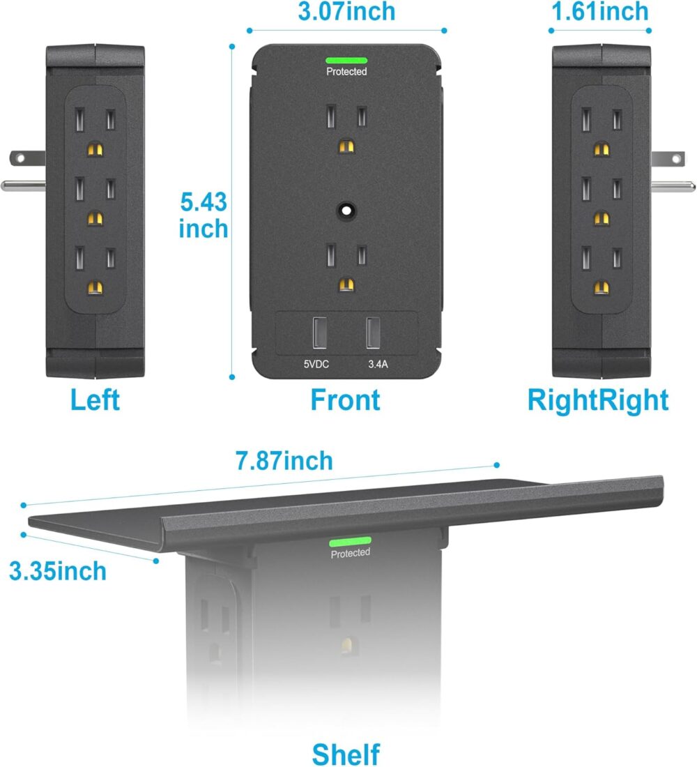 Socket Wall Shelf-CFMASTER 10 Port Surge Protector Wall Outlet, 8 Electrical Outlet Extenders and 2 USB Ports 2.4A, with Removable Built-In Shelf, FCC Listed (2, Black) - Image 7