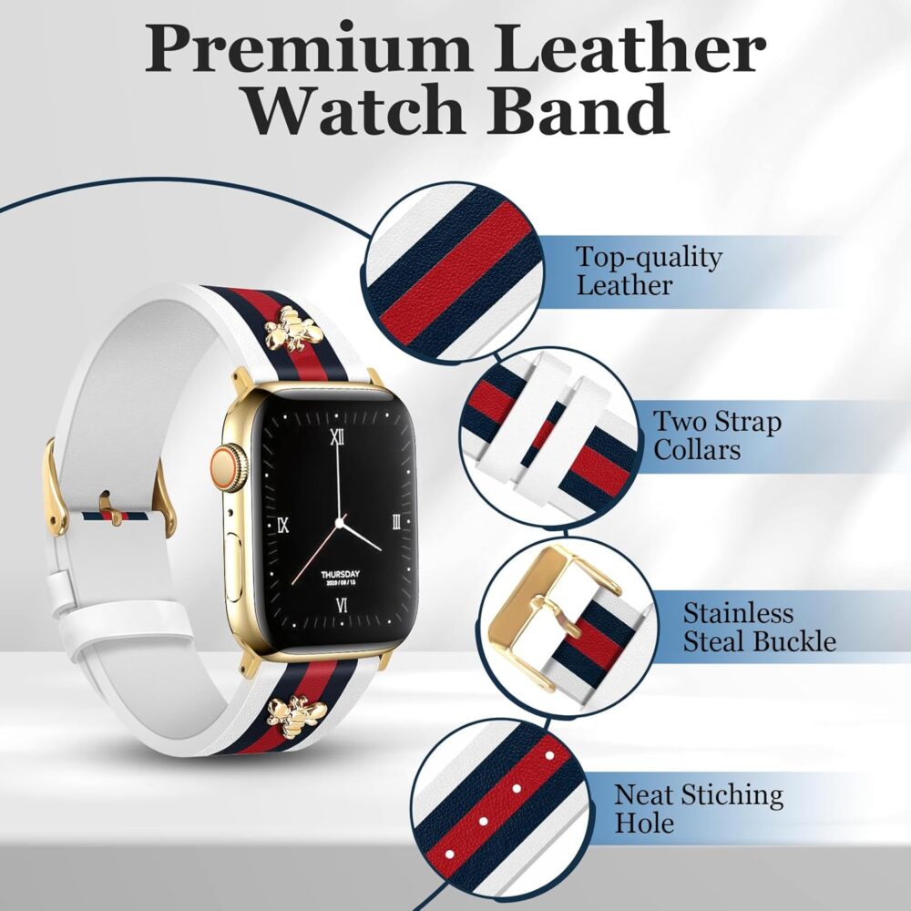 Designer Leather Bands with Charms Compatible with Apple Watch Band 42mm(S10) 44mm 45mm 46mm 49mm Women Men Genuine Leather Elegant Strap for iWatch Series 10/9/8/7/6/5/4/3/2/1/SE/Ultra - Image 5