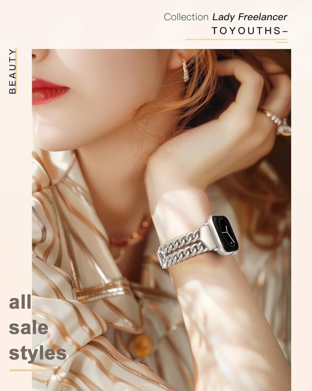 TOYOUTHS Double Chain Bracelet Compatible with Apple Watch Band 38/40/41/42/44/45/46/49mm Women Men, Dressy Stainless Steel Metal Designer Link Strap for iWatch Ultra SE Series 10 9 8 7 6 5 4 3 2 1 - Image 6