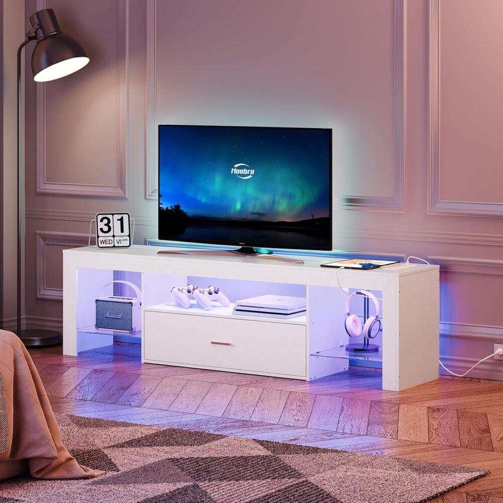 HOOBRO LED TV Stand with Power Outlets to 65 inch TV, Gaming Entertainment Center with Glass Shelves and Large Drawer, Modern Media TV Console Table for Living Room Bedroom, White WT14UDDS01 - Image 3