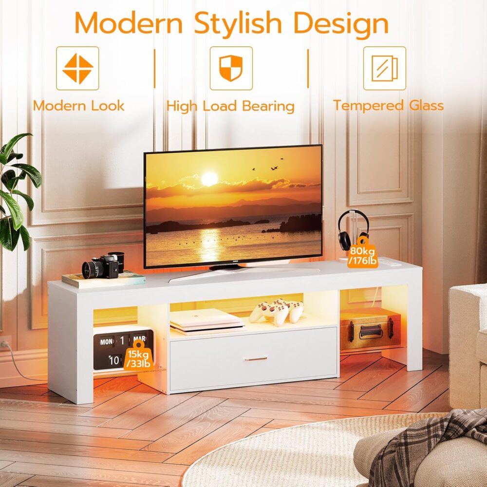 HOOBRO LED TV Stand with Power Outlets to 65 inch TV, Gaming Entertainment Center with Glass Shelves and Large Drawer, Modern Media TV Console Table for Living Room Bedroom, White WT14UDDS01 - Image 5