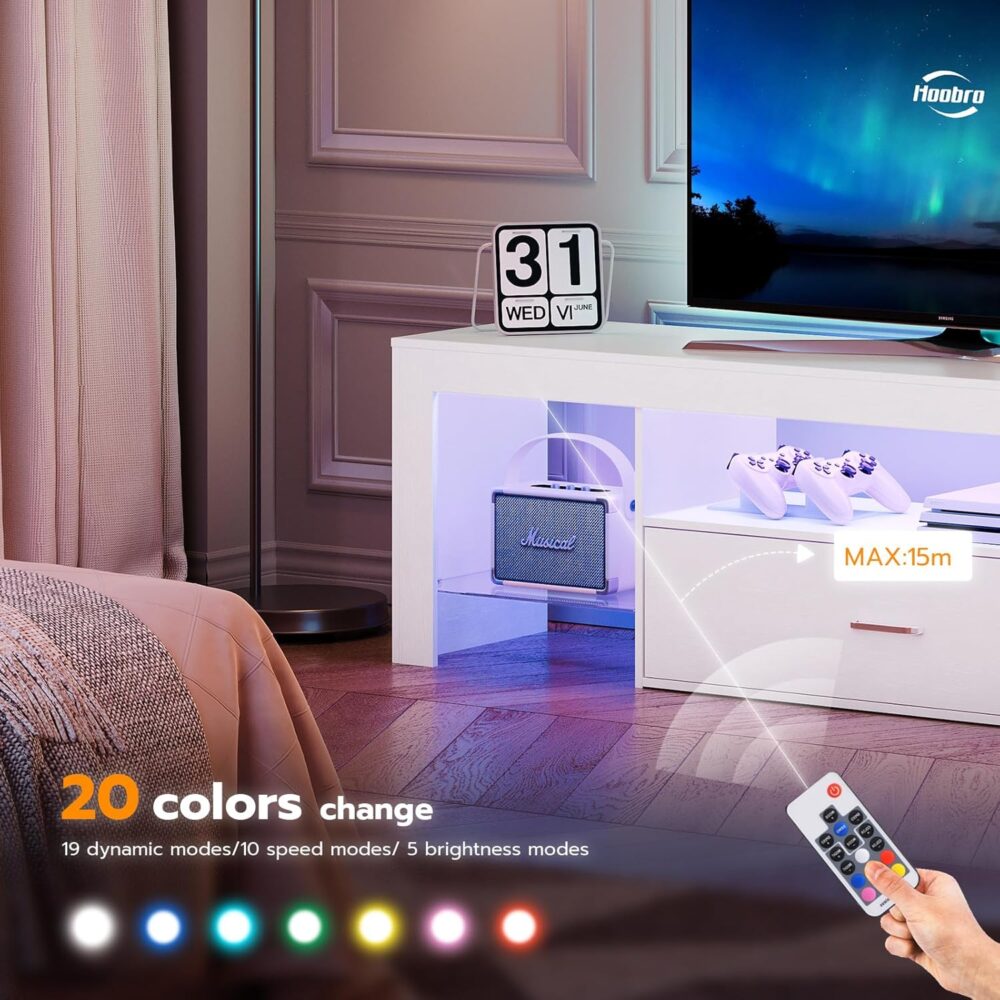 HOOBRO LED TV Stand with Power Outlets to 65 inch TV, Gaming Entertainment Center with Glass Shelves and Large Drawer, Modern Media TV Console Table for Living Room Bedroom, White WT14UDDS01 - Image 7
