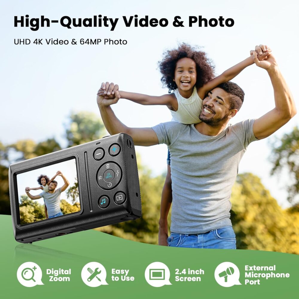 Digital Camera 4K 64MP Vlogging Camera Autofocus Point and Shoot Digital Cameras for Photography Camera for Kid Student Children Teen Girl Boy, 18X, 2 Batteries, 32GB Card - Image 3
