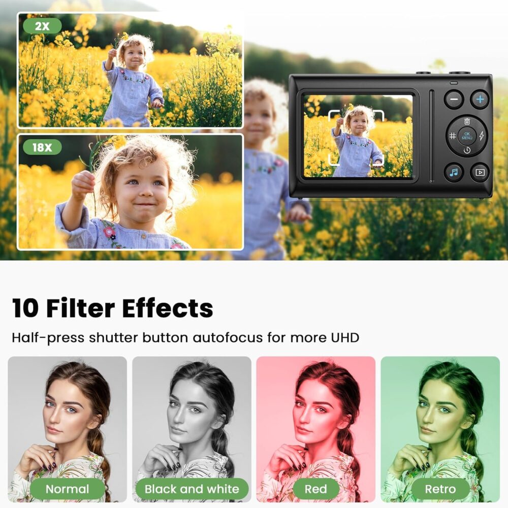 Digital Camera 4K 64MP Vlogging Camera Autofocus Point and Shoot Digital Cameras for Photography Camera for Kid Student Children Teen Girl Boy, 18X, 2 Batteries, 32GB Card - Image 4