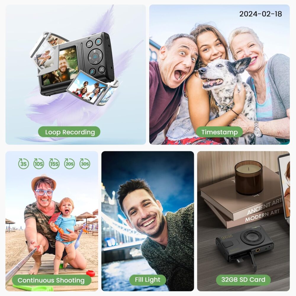 Digital Camera 4K 64MP Vlogging Camera Autofocus Point and Shoot Digital Cameras for Photography Camera for Kid Student Children Teen Girl Boy, 18X, 2 Batteries, 32GB Card - Image 6