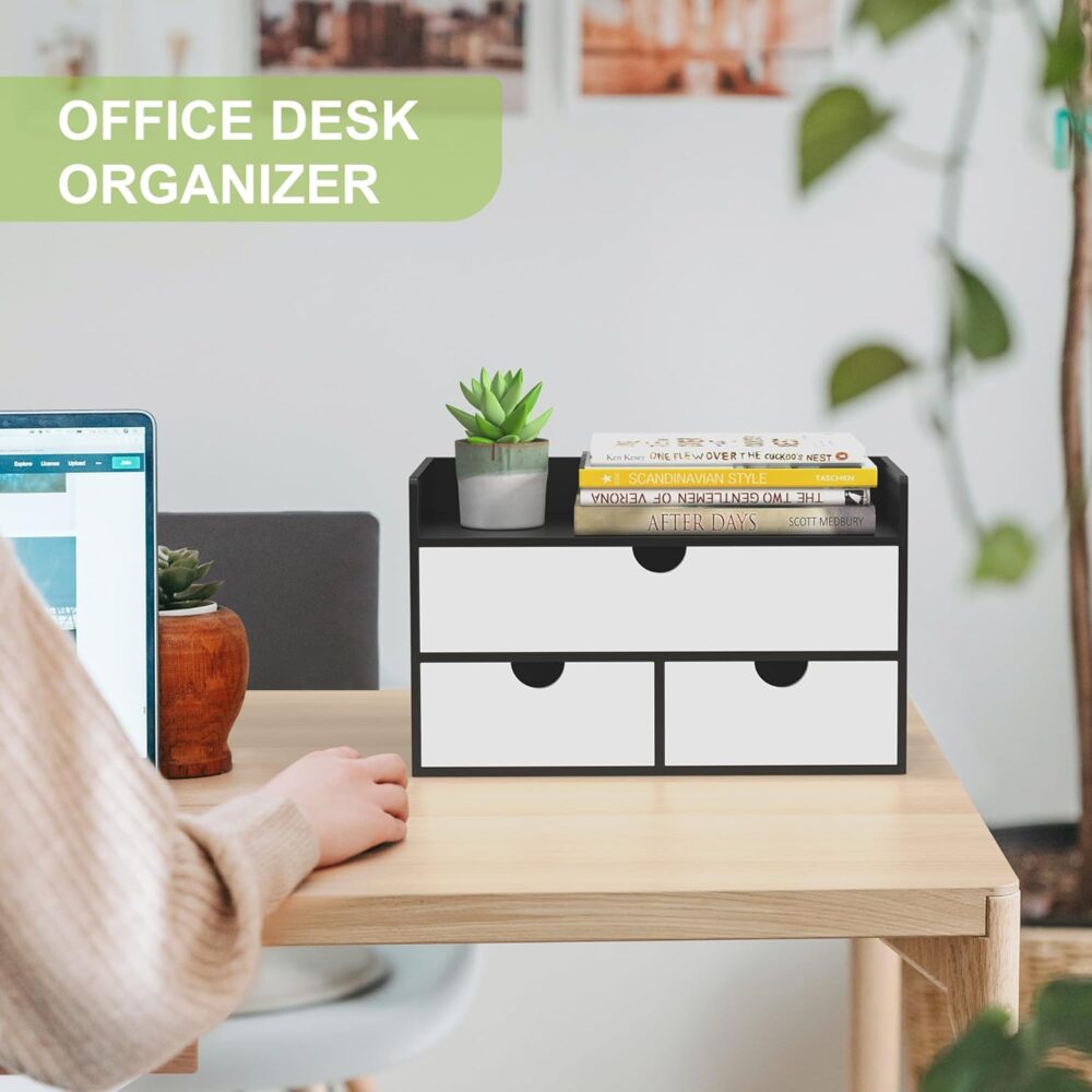 Wisuce Desk Organizer with Drawers - Bamboo Desktop Organizer Storage | Black-White Wood Desk Makeup Dresser Top Organizer for Cosmetics No Assembly Required - Image 3