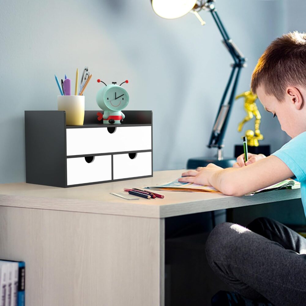 Wisuce Desk Organizer with Drawers - Bamboo Desktop Organizer Storage | Black-White Wood Desk Makeup Dresser Top Organizer for Cosmetics No Assembly Required - Image 4