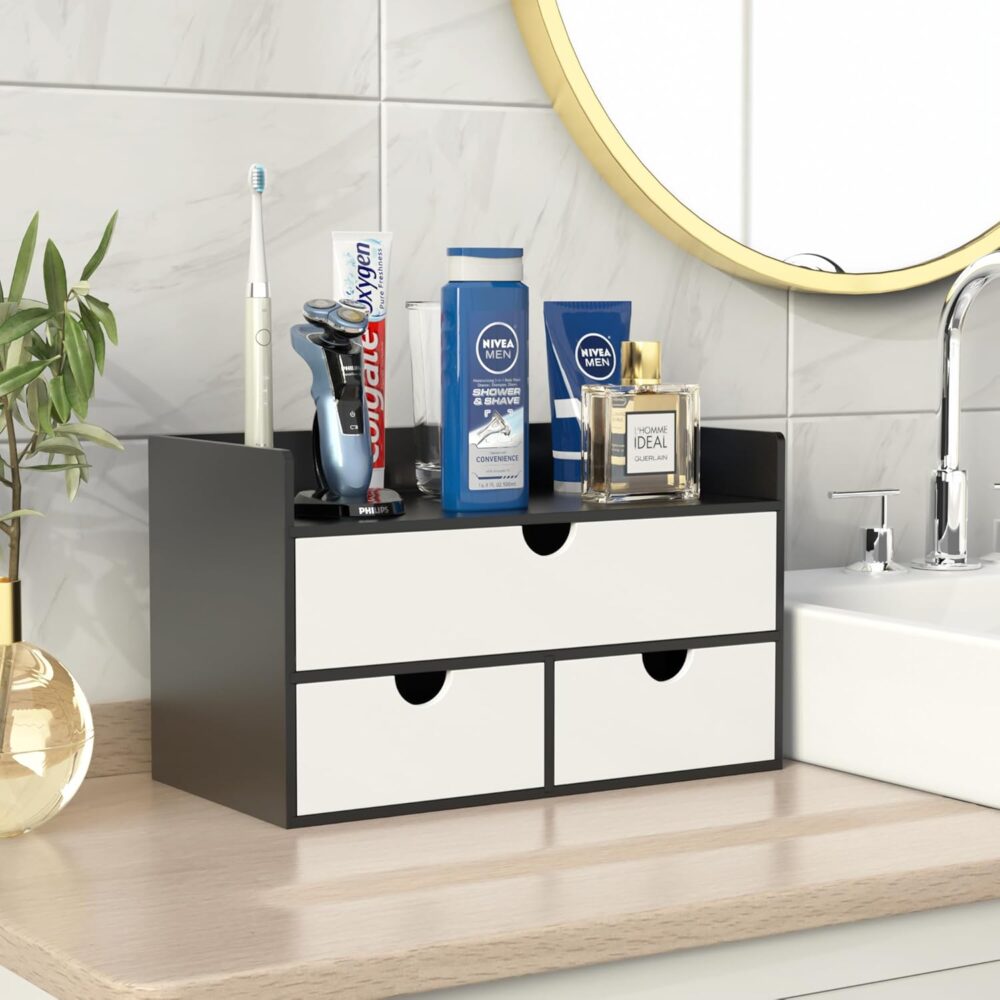 Wisuce Desk Organizer with Drawers - Bamboo Desktop Organizer Storage | Black-White Wood Desk Makeup Dresser Top Organizer for Cosmetics No Assembly Required - Image 5