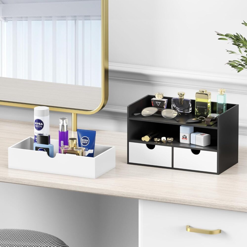 Wisuce Desk Organizer with Drawers - Bamboo Desktop Organizer Storage | Black-White Wood Desk Makeup Dresser Top Organizer for Cosmetics No Assembly Required - Image 6