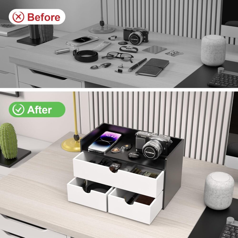 Wisuce Desk Organizer with Drawers - Bamboo Desktop Organizer Storage | Black-White Wood Desk Makeup Dresser Top Organizer for Cosmetics No Assembly Required - Image 7