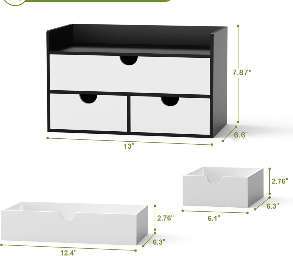 Wisuce Desk Organizer with Drawers - Bamboo Desktop Organizer Storage | Black-White Wood Desk Makeup Dresser Top Organizer for Cosmetics No Assembly Required - Image 8