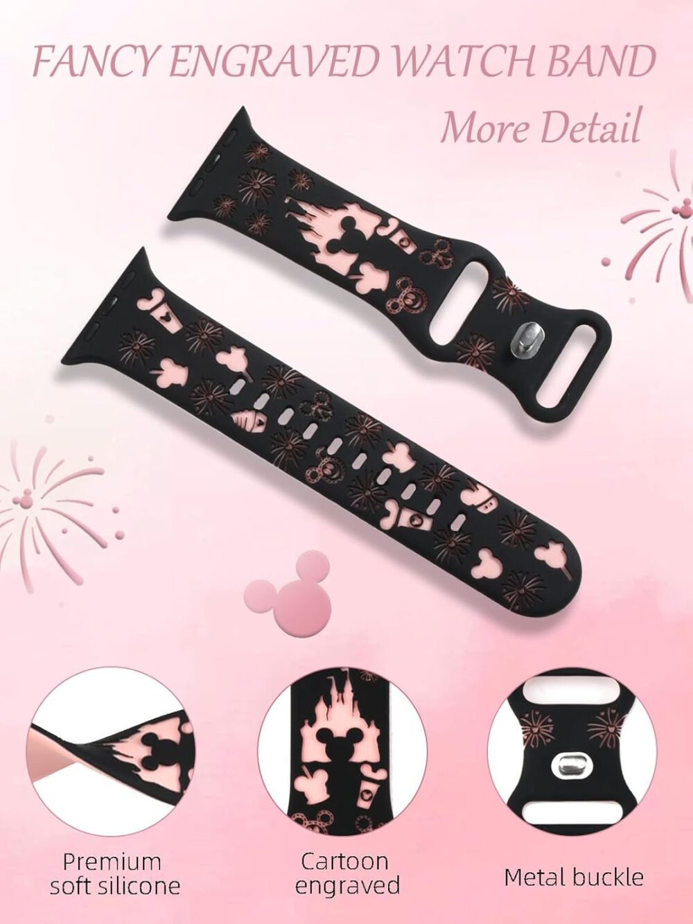 2 Packs Cartoon Engraved Bands Compatible with Apple Watch Bands 40mm 38mm 44mm 45mm 41mm 42mm 49mm Women, Two-Tone Cute Soft Silicone Sport Strap for iWatch Series 9/8/SE/7/6/5/4/3/2/1 - Image 4