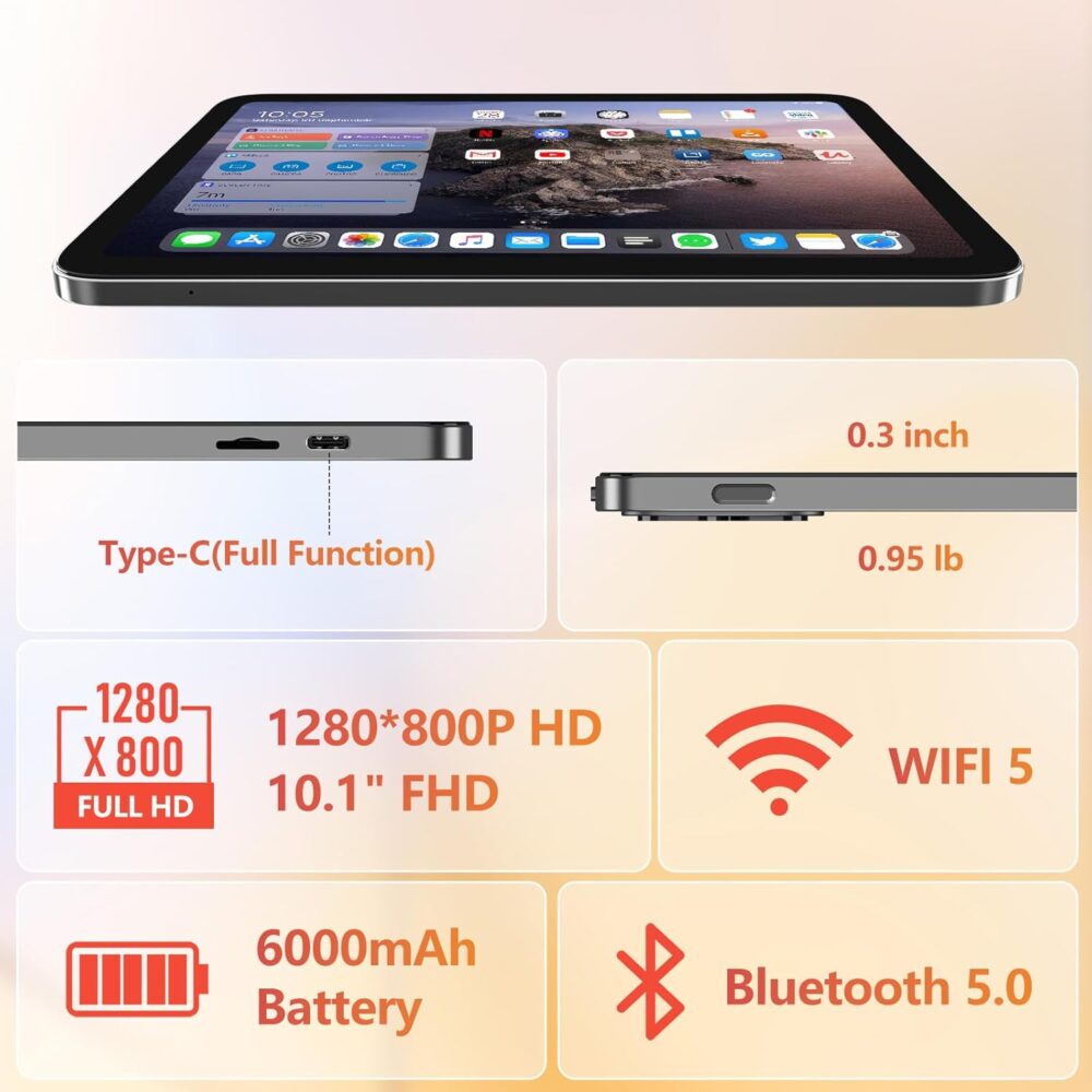 Android Tablet,10 inch Tablets 2025,8GB (4+4) RAM 128GB Storage (Expandable),Octa-Core Processor,HD Display,Dual Cameras,6000mAh Battery,GPS, Wi-Fi 5,Bluetooth 5.0,Incell Screen,Metal Shell - Image 3