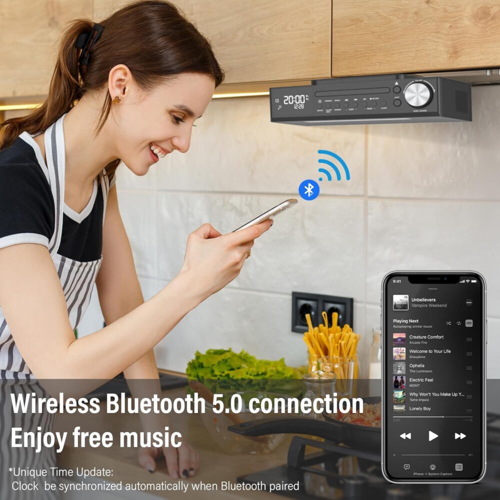 MONODEAL Bluetooth CD Player,Under Cabinet Kitchen FM Radio CD Player,Dual HD Speakers,Wireless Music System with LED Light,Remote Control,Kitchen Timer,Dual Alarm Clock Black - Image 3
