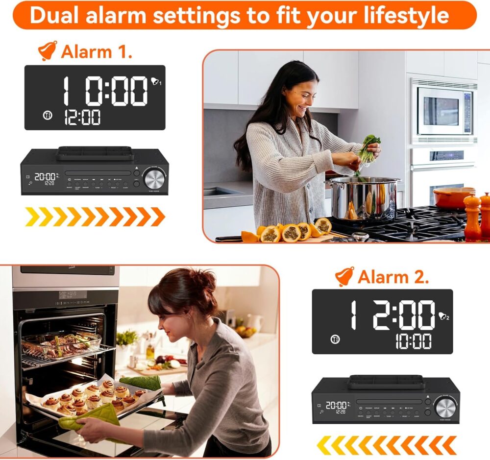 MONODEAL Bluetooth CD Player,Under Cabinet Kitchen FM Radio CD Player,Dual HD Speakers,Wireless Music System with LED Light,Remote Control,Kitchen Timer,Dual Alarm Clock Black - Image 8
