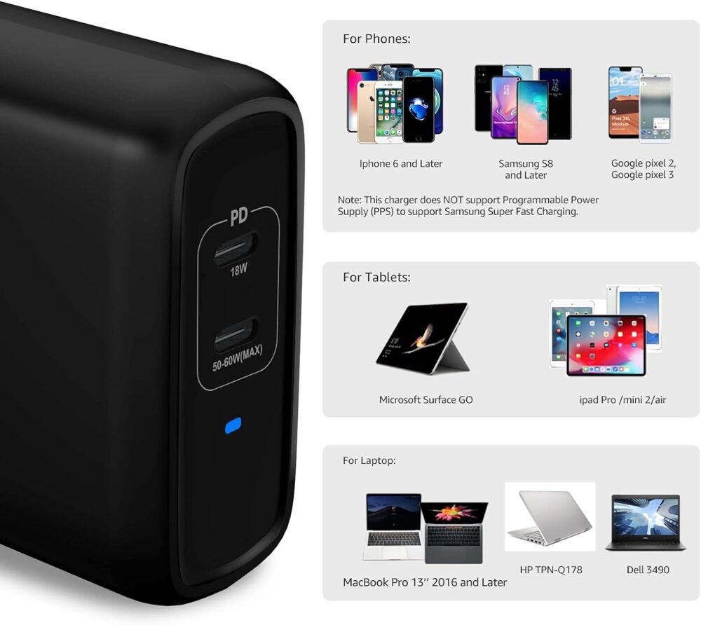 Amazon Basics 68W Two-Port GaN Wall Charger with 2 USB-C Ports (60W, 18W) with PD for Laptops, Tablets & Phones (iPhone 16/15/14/13/12/11/X, iPad, MacPro, Samsung, and More), Non-PPS, Black - Image 5