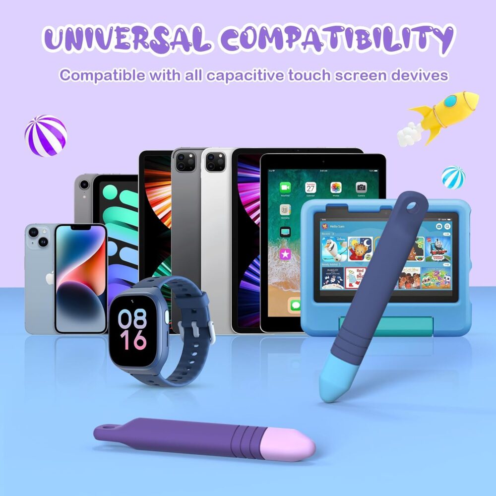 Kid-Friendly Stylus Pens for Touch Screens with Tethers - Mixoo Anti-Rolling Tablet Stylus 2 Pack for Kids, Compatible with iPad, iPhone, Tablets, Kindle and All Touch Screen Devices (Blue+Purple) - Image 5
